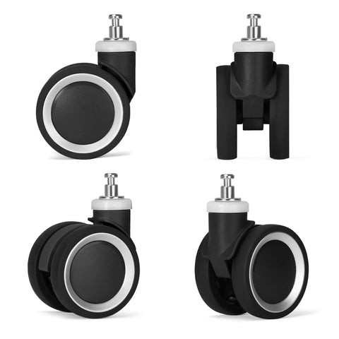 Replacement Luggage Wheels For Specific Suitcase Model Black Color Not Compatible With Other Brands Easy Quick Installation No Tools Required Durable Rolling Wheels For Smooth Quiet Travel visible in different angles with smooth black finish.