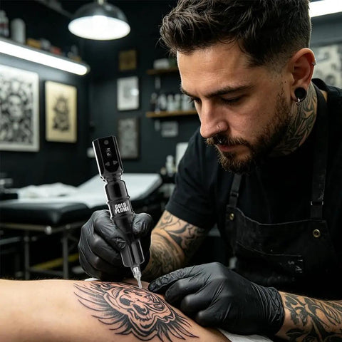 Artist using Wireless Tattoo Pen Kit For Beginners With 10 Tattoo Needles And 5 Ink Colors indoors creating tattoo art