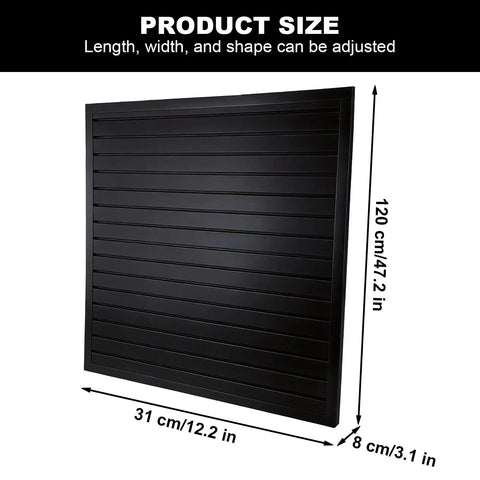 Two Pack PVC Garage Wall Organizer Panels 4 By 8 Ft Heavy Duty Storage System with dimensions and 3 inch grooves visible
