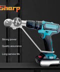 Electric Drill Plate Cutter Nibbler Attachment For DIY Projects with adapter attached to blue power drill on dark background