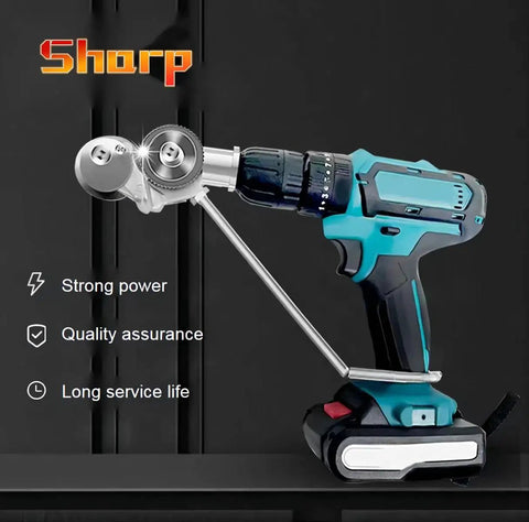Electric Drill Plate Cutter Nibbler Attachment For DIY Projects with adapter attached to blue power drill on dark background