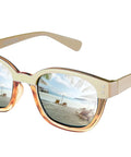 Trendy Cream Colorblock Polarized Sunglasses For Women Featuring Retro Square Frames And UV400 Mirrored Lenses showcasing beach view.