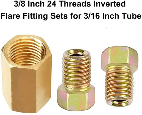 Heavy Duty Brake Line Fittings Kit For 3/16 Inch Tube With 5 Inverted Flare Unions And 10 Nuts, 3/8-24 Threads, Rustproof For Car Truck SUV Brake System Repair, Easy Install 15 Piece Set showing brass threaded fittings