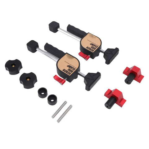 Adjustable Screw Clamp Kit for Workbench, 2 piece aluminum alloy bench dog clamp with rubber pad, 19mm holes shown with parts