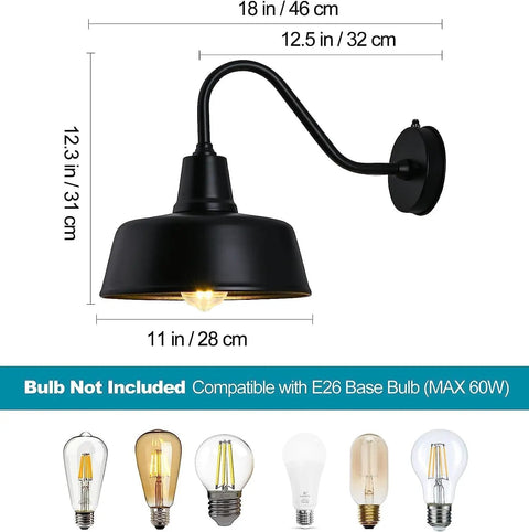 Two Pack Outdoor Barn Lights With Black Finish, Classic Farmhouse Porch Lamps, dimensions and bulb compatibility shown.