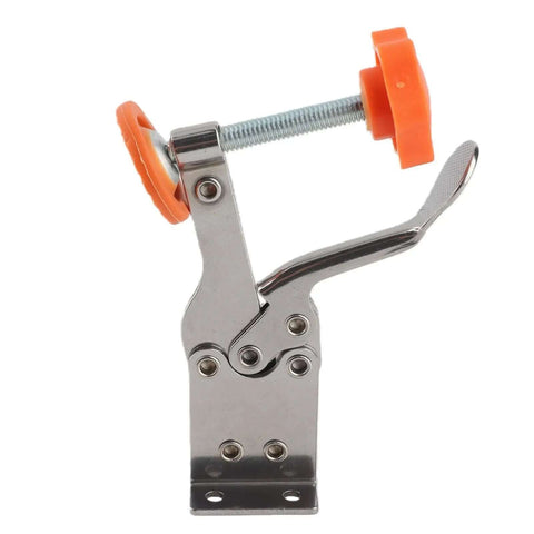 Vertical Toggle Clamp in Stainless Steel, Heavy-Duty Hold-Down Tool for Woodworking and Cabinetry with No-Slip Grip and Orange Pads