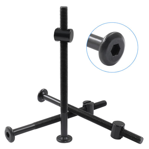 Drop Dead Solid Heavy Duty Carbon Steel M6 Bunk Bed Bolts And Barrel Nut Kit With Hex Wrench Four Inch Black bolts viewed from the side.