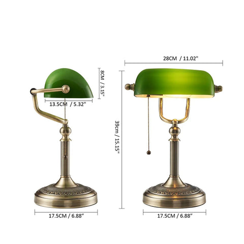 Green Glass Bankers Desk Lamp With Pull Chain Switch Plug In Fixture E26 Socket Max 60 Watt Bulb Compatible Adjustable Reading Light For Office Home Great For Reading And Tasks No Fuss, dimensions listed