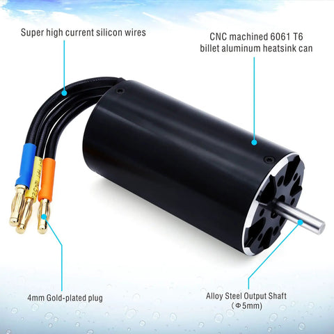 Powerhouse 1600KV Waterproof Brushless RC Boat Motor with CNC machined aluminum heatsink, steel shaft, and silicon wires.