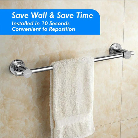 24 Inch Suction Cup Towel Bar No Drill For Smooth Surfaces Only Chrome Finish Easy Install Holds Tight On Glass Tile Or Metal