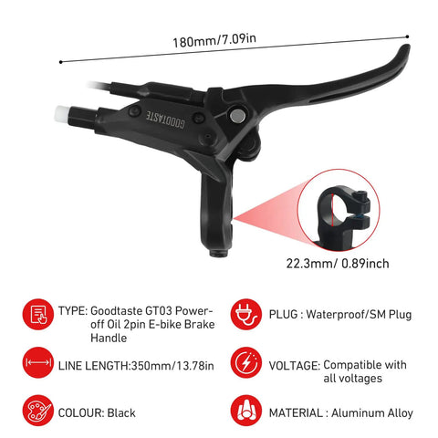 Left And Right Electronic Brake Lever Set For Most Electric Bicycles With Power Off Function GT03, aluminum alloy, dimensions labeled