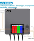 LCD Display 6 In 1 Battery Charger showing charging status, battery level, and voltage for DJI Mini 5 Pro, Mini 4 Pro, Mini 3 Pro, Mini 3.