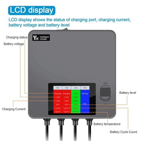 LCD Display 6 In 1 Battery Charger showing charging status, battery level, and voltage for DJI Mini 5 Pro, Mini 4 Pro, Mini 3 Pro, Mini 3.