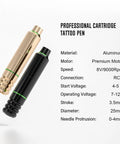 Pro All In One Tattoo Kit With Pen Style Tattoo Machine And Power Supply detail showing aluminum pen design and specifications