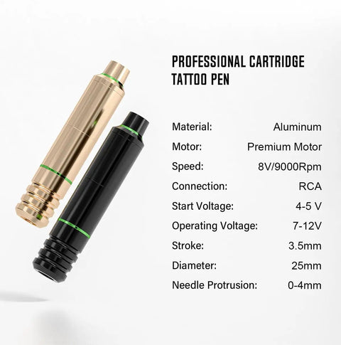 Pro All In One Tattoo Kit With Pen Style Tattoo Machine And Power Supply detail showing aluminum pen design and specifications