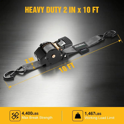 Heavy Duty Self Retracting Tie Down Straps Two Pack Two Inch By Ten Feet Four Thousand Four Hundred Pound Break Strength Auto Retractor Harness For Motorcycle Atv Utv Pickup Truck Cargo Van Grey Tough As Nails Gear showing strap with hook.