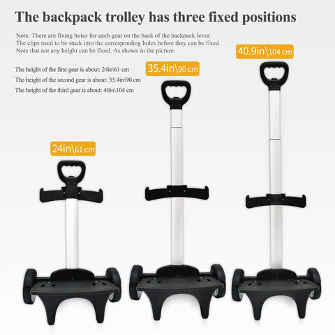 Wheeled Backpack Trolley With Noiseless Large Wheels showing adjustable heights at 24in, 35.4in, and 40.9in