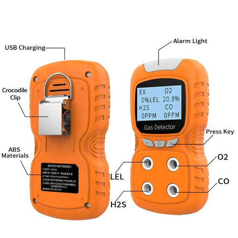 Front and back of Ready To Use 4 Gas Detector With Electrochemical Sensors For LEL O2 CO H2S, showing LCD display and crocodile clip.