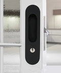 6.8 Inch Privacy Pocket Door Lock Hardware With Key Sliding Pocket Door Handle on white interior door close-up