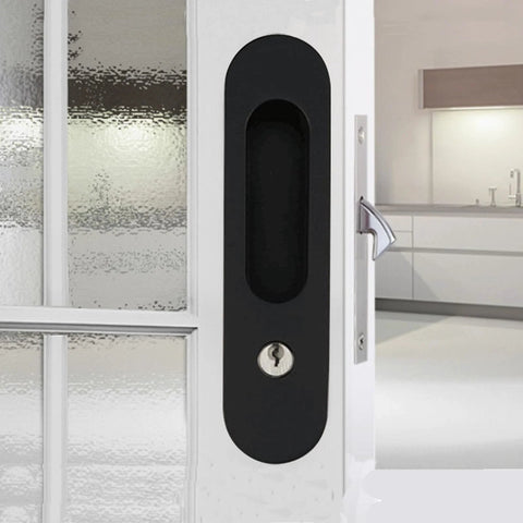 6.8 Inch Privacy Pocket Door Lock Hardware With Key Sliding Pocket Door Handle on white interior door close-up