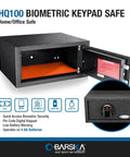 Biometric And Keypad Safe With Dual Access For Home Or Office Built Like A Tank To Store Up To 120 Fingerprints And One PIN Solid Steel Construction With Concealed Hinges And Pry Resistant Deadbolts Carpeted Interior For Valuables, open with interior view and control panel close-up.