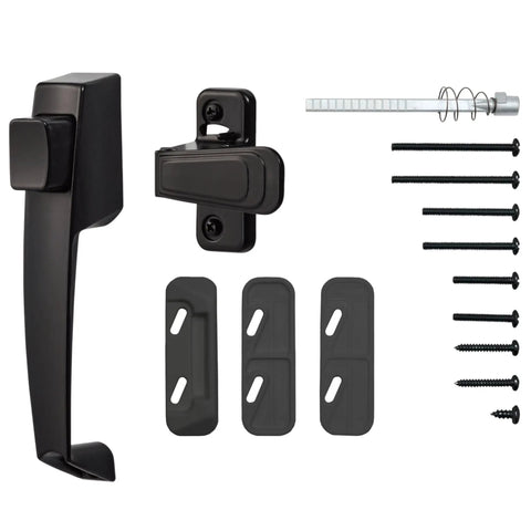 Black Door Handle With Inside Latch For Storm And Screen Doors 2 Piece Replacement Set Out Swing Door Compatible Locking Inside Latch Surface Mount Ready, black metal handle set with screws