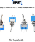Assorted Mini Toggle Switch Kit 2 Pin 3 Pin 6 Pin SPST SPDT Latching Micro Rocker On Off On 6A 125V For DIY Electronics Projects Durable Metal Plastic Panel Mount Switches with blue casing, showing different angles and pin configurations.