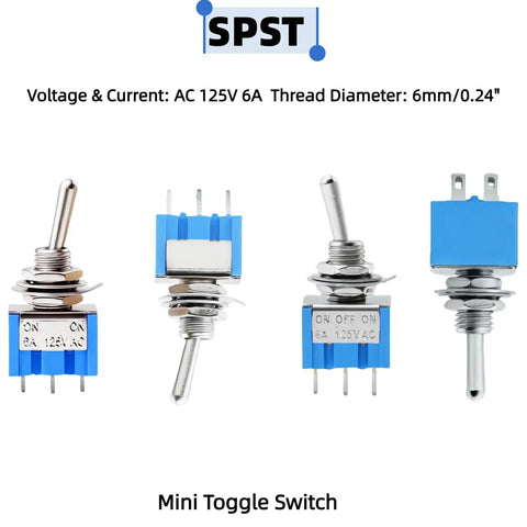 Assorted Mini Toggle Switch Kit 2 Pin 3 Pin 6 Pin SPST SPDT Latching Micro Rocker On Off On 6A 125V For DIY Electronics Projects Durable Metal Plastic Panel Mount Switches with blue casing, showing different angles and pin configurations.