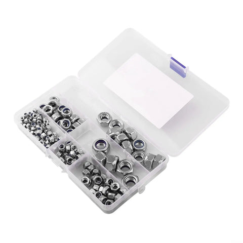 Badass 304 Stainless Steel Hex Lock Nuts Kit 170 Count Nylon Insert Fastener in clear storage case for secure organization.