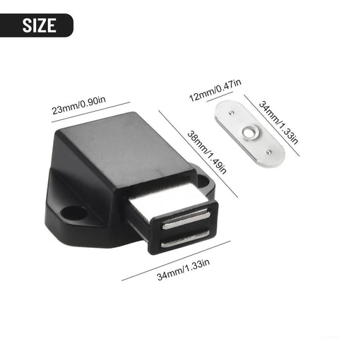Heavy Duty Magnetic Cabinet Door Catches For Silent Soft Close Kitchen And Bathroom Drawers, size dimensions of black latches featured.