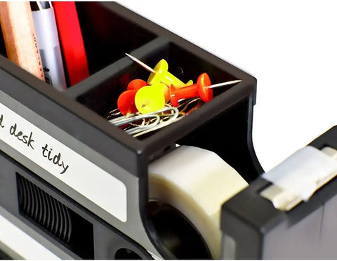 Close-up of Retro Cassette Tape Dispenser And Pen Holder Desk Organizer With Vase And Pencil Pot, includes quick tape roll replacement