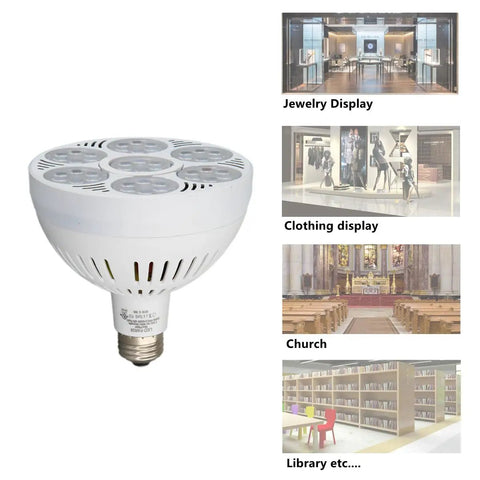 PAR38 LED Spotlight Bulb 10000K Cool White 45 Degree Beam with high lumen output shown in various display settings
