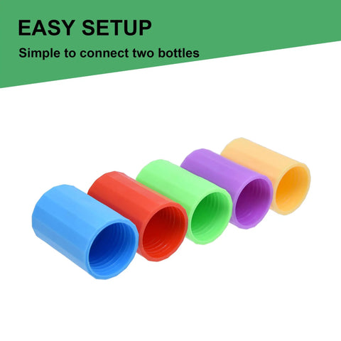 Five colorful connectors from 24 Piece Tornado Bottle Connector Set With Vortex Tubes In Four Colors For 2 Liter Bottles Toy