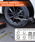 L-shaped wrench adjusting tire screw on a car wheel with 2 Ton Scissor Car Jack And Tire Change Kit With Lug Wrench For Cars, SUVs, And MPVs Emergency Roadside Kit With Lifting Range From 4.33 Inches To 15.75 Inches visible.