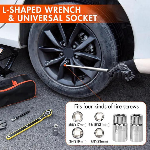 L-shaped wrench adjusting tire screw on a car wheel with 2 Ton Scissor Car Jack And Tire Change Kit With Lug Wrench For Cars, SUVs, And MPVs Emergency Roadside Kit With Lifting Range From 4.33 Inches To 15.75 Inches visible.