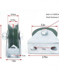 Front and side views of V-groove pulley wheel with mounting bracket, heavy-duty metal, 2.2in