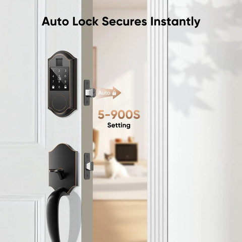 Rock Solid Slick Fingerprint Smart Front Door Lock Set Featuring Keyless Entry Handle Setup And Smooth Touchscreen Keypad With Seamless Bluetooth App Access And Heavy Duty Deadbolts Finished In Oil Rubbed Bronze auto lock with touchscreen keypad installed on a modern door
