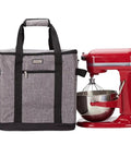 Stand Mixer Dust Carry Bag With Pockets For KitchenAid Bowl Lift 5-8 Quart Grey Protects Against Dust And Scratches Keeps Mixer Ready To Use Big Storage Pockets For Recipes And Accessories shown with a red stand mixer.
