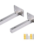 Rock Solid Two Pack Heavy Duty Wall Mounted Shelf Brackets Crafted From Brushed Stainless Steel With Zero Flex Support Frame For Living Room And Bedroom Includes All Basic Hardware, showing two brackets with mounting hardware.