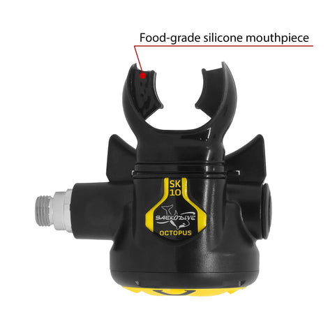 Back Up Scuba Regulator Octopus With 36 Inch Yellow Hose Second Stage Dive Regulator showcasing food-grade silicone mouthpiece