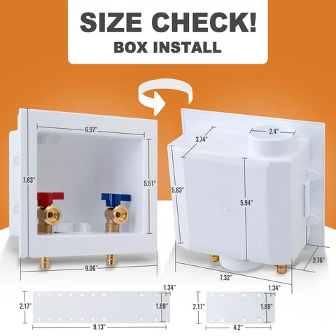Washer Box With Pex A Expansion Inlet One Half Inch To Three Quarters Inch MHT Outlet Brass Valves Installed And Four Expansion Rings For Easy Hookup To Your Washing Machine And Laundry Piping, size check diagram