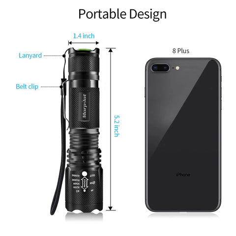 2 In 1 Led UV Blacklight Flashlight 395Nm With 500 Lumen Power shown next to smartphone highlighting compact size, belt clip, and lanyard