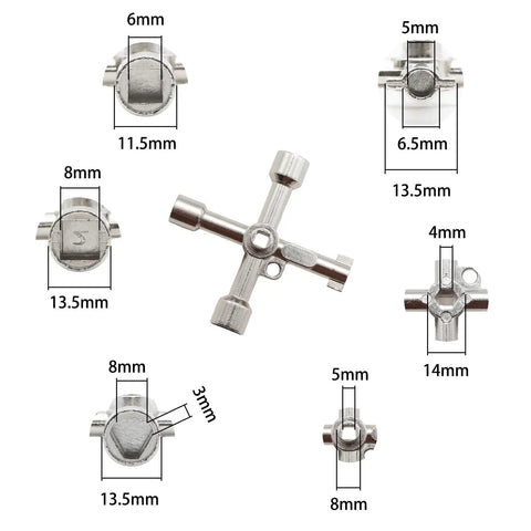 4 Way Sillcock Key Wrench Kit Two Pack with dimensions for multi function water key valves and universal cross tool.