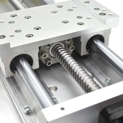 Close-up of SFU1605 ball screw on 300mm Travel Linear Rail With SFU1605 Ball Screw And Aluminum Guide Stage 150kg Load Capacity 89x61mm Bottom Plate Heavy Duty Aluminum Profile HD Ruler Included Perfect For CNC Automation And Non Standard Transformations