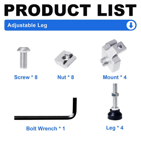 Adjustable Leg Feet for 4040 Aluminum Extrusion T Slot and V Slot Rails product list with screws, nuts, mounts, wrench, and adjustable feet.