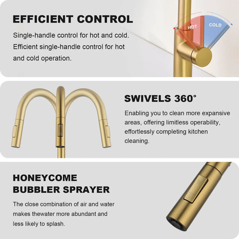 Tohlar Gold Kitchen Faucet with Pull Down Sprayer showcasing single-handle control and 360-degree swivel spout.