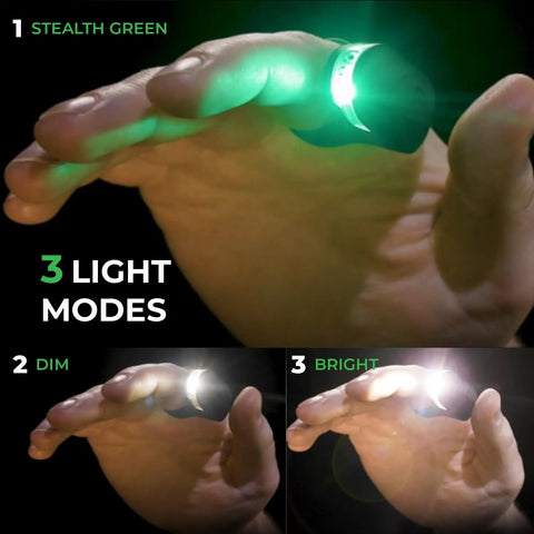 Finger Light Wearable Led Flashlight For Hands Free Illumination with 3 light modes, on hand, showing stealth green, dim, and bright modes.