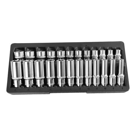 24 Piece Metric Socket Set With Deep And Shallow Sockets 8mm To 19mm Thin Wall Design For Tight Spaces in a black tray