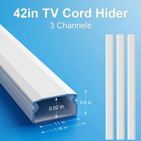 TV Cord Hider 42 Inch Cord Cover For Large Cable Management, raceways for four cords, shown in white with dimensions
