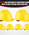 10 Pack Suspension Hard Hats For Worksite Safety With Ratchet Cap Style And Self Adjusting Crown Straps Yellow Utility Hard Hats For Men And Women Durable ABS Protection For All Day Comfort, front view.